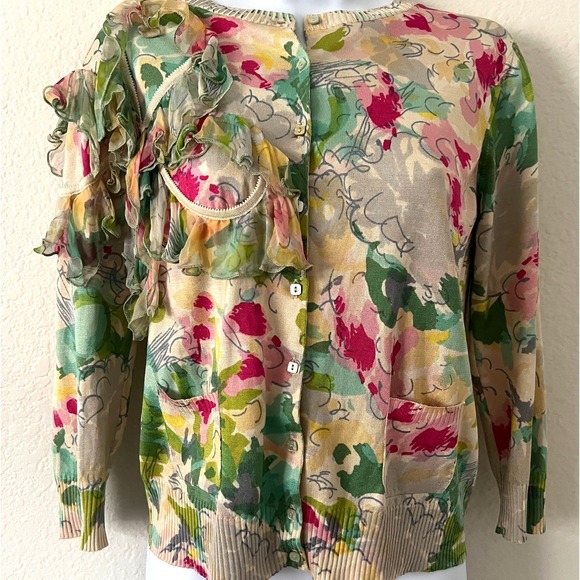 Vintage John Galliano Sz M Colorful Floral Cardigan Silk Cashmere Blend Y2K 2005